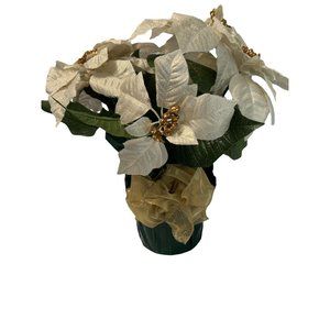 Faux White Gold Poinsettia Plant Floral Arrangement Glitter Bow New with Tags Be